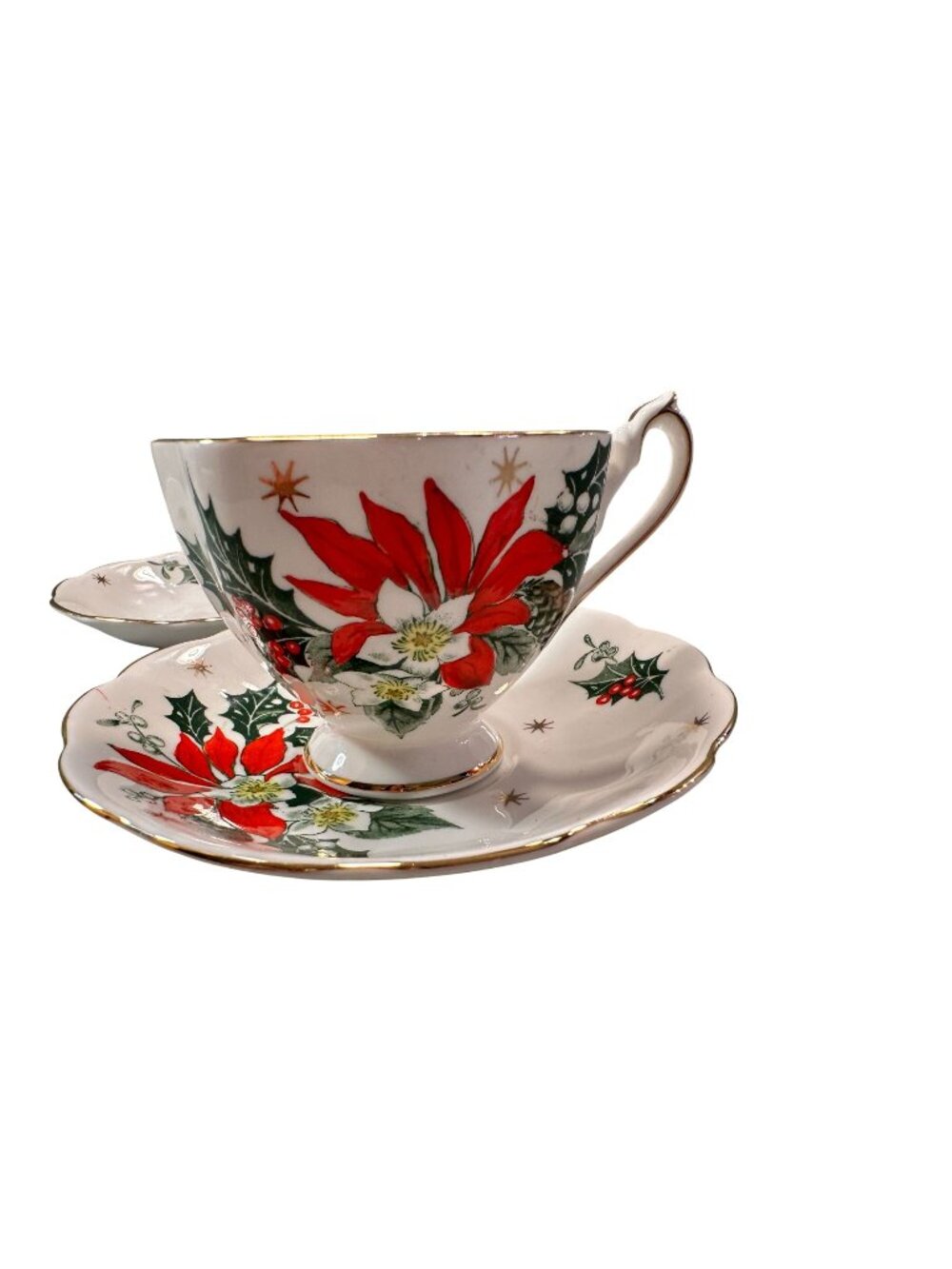 Queen Anne Noel Tea Cup Saucer Fine Bone China Vintage Poinsettia England Gold